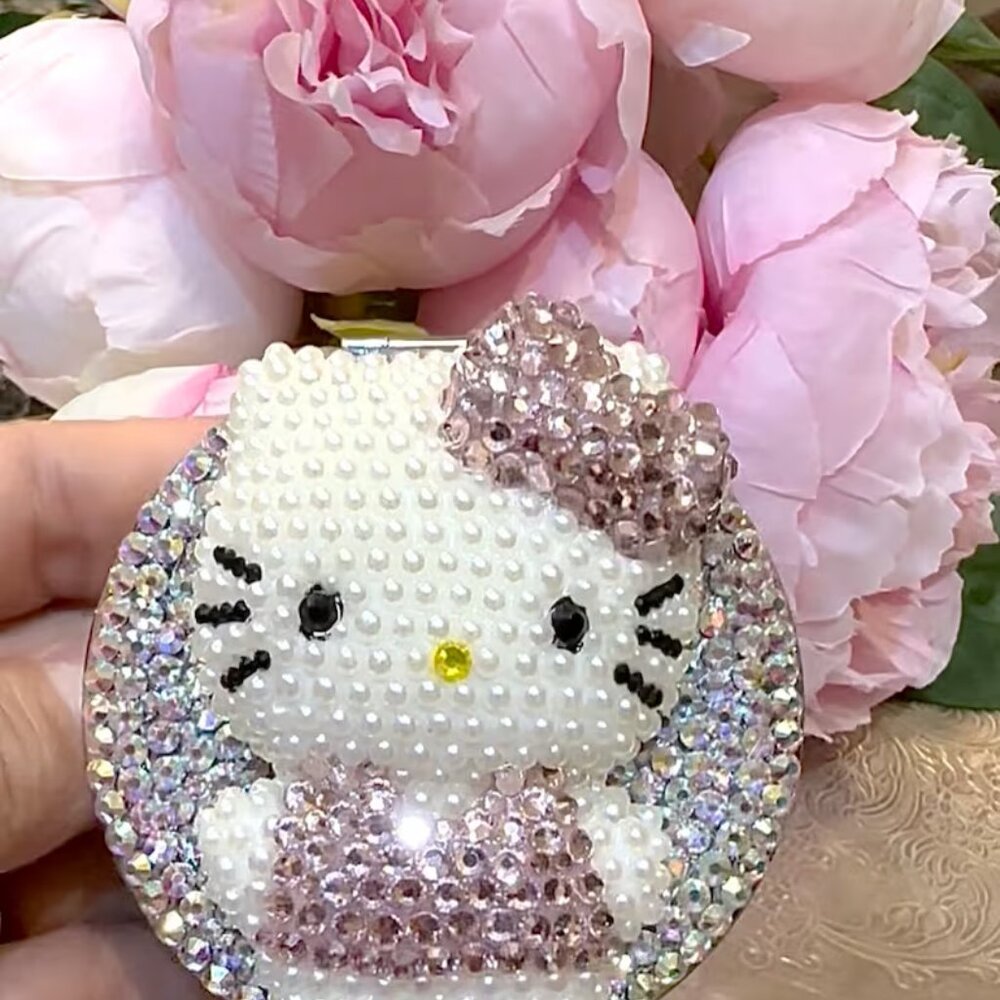 Hello Kitty Face Foldable Rhinestone Compact Mirror Two/Side Y2K New Handmade
